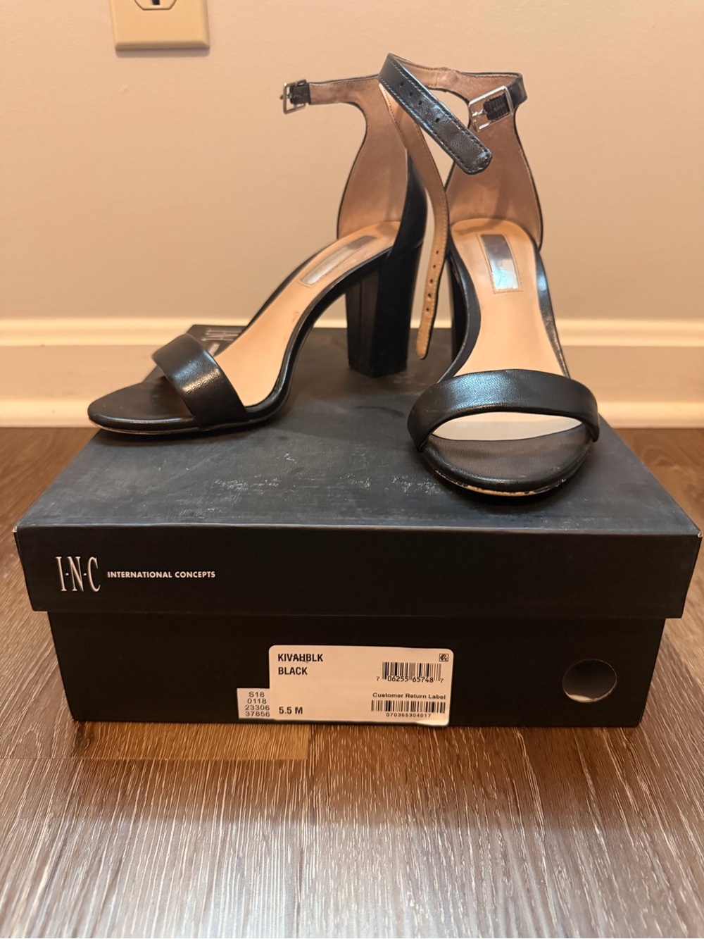 INC International Concepts Black Open-Toe Ankle-Strap Block Heels